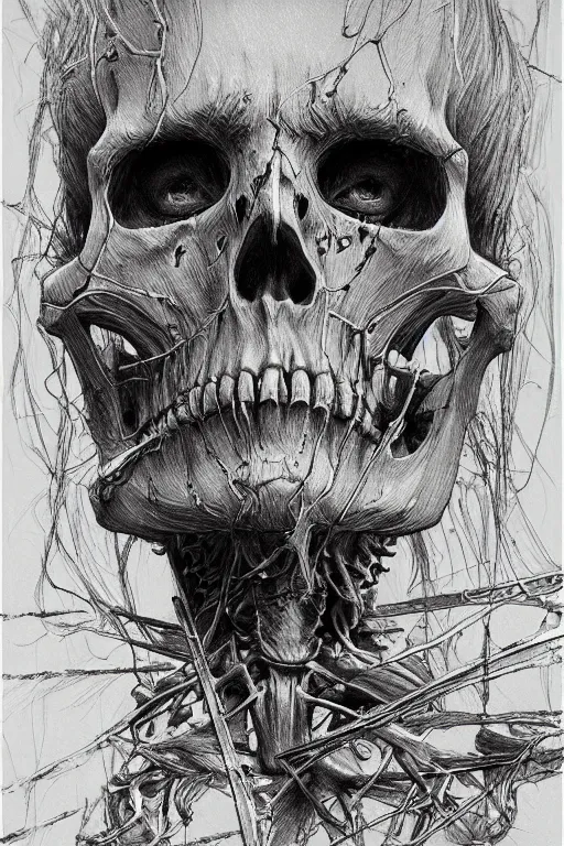 Prompt: crucified skeleton portrait album cover hyper detailed concept art sheet crosshatch sketch illustration art style by Jonathan Wayshak and Toshihiro Egawa and Zdizslaw Beksinski and Artstation trending 8k