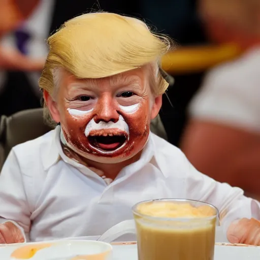 Image similar to crying donald trump in a highchair with pudding all over his face, gettyimages