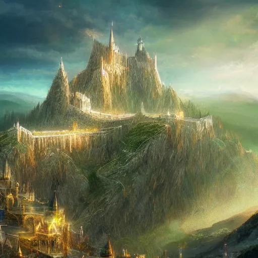 Prompt: very beautiful secret city of the elves gondolin on top of a mountain, highly detailed, digital painting, artstation, matte, sharp focus, impressionnisme, vivid color,