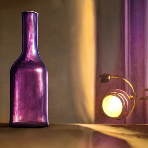 Image similar to a steampunk painting of a vintage purple potion bottle, lit by a single ray of sunlight on a table in a dark dusty vintage science lab, by h. r. giger, hyperrealistic fantasy art, concept matte, ethereal, dreamy, digital art, trending on artstation, volumetric cinematic lighting