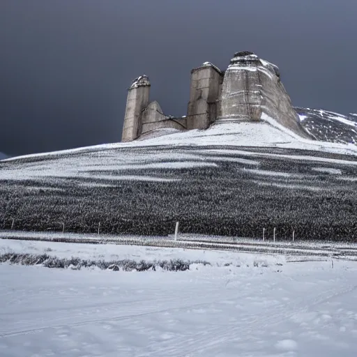 Image similar to a monolithic cathedral on a snowcapped mountain in the artic. grainy, snowing, overcast sky.