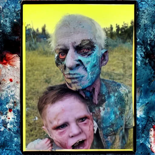 Image similar to selfie of the last surviving ukrainian with children with evil faces, wild pain and damage to the body burns alive to the bone, painted in dirty yellow - blue colors, a huge nuclear explosion is approaching in the background, a very detailed photo