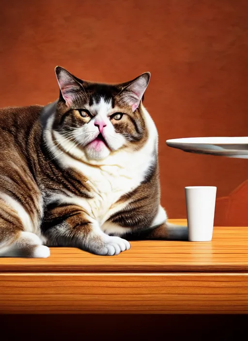 Prompt: photograph of a fat cat lying on a restaurant table 4k, high details, trending on Artstation