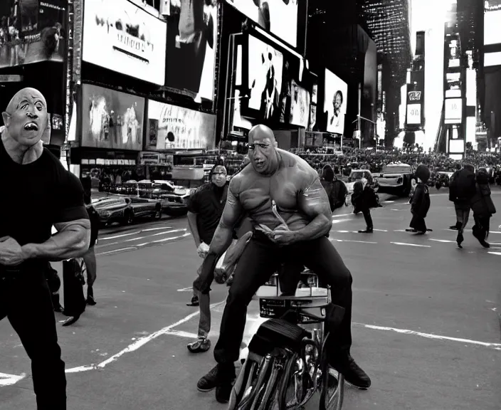 Prompt: Dwayne the Rock Johnson riding on Adam Sandler, Adam Sandler doing Methamphetamine at Times Square, Mew York City, photograph by Alfred Eisenstaedt, 4K, dramatic lighting; 4K 8K