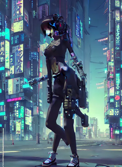 Image similar to hyper - realistic cyberpunk anime girl standing on tokyo street, extreme detail, alluring, in style of yoji shinkawa, pan ren wei, col price, atey ghailan, by greg rutkowski, by greg tocchini, by james gilleard, by joe fenton, by kaethe butcher, grunge aesthetic