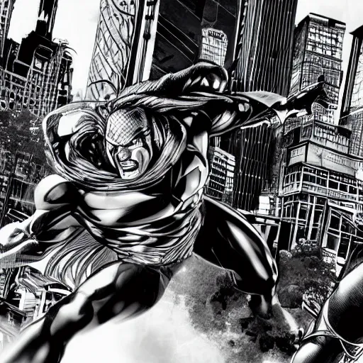 Image similar to heroes battling villains by frank Miller, artgerm, black and white, highly detailed, cityscape