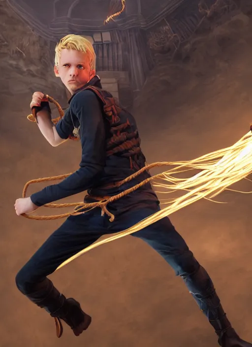 Image similar to An epic fantasy comic book style portrait painting of a young blonde boy thief launching grappling rope from a device worn on his wrist, unreal 5, DAZ, hyperrealistic, octane render, cosplay, RPG portrait, dynamic lighting