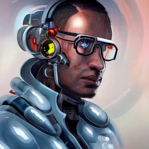 Image similar to portrait of cyborg scientist by jama jurabaev, extremely detailed, trending on artstation, high quality, brush stroke
