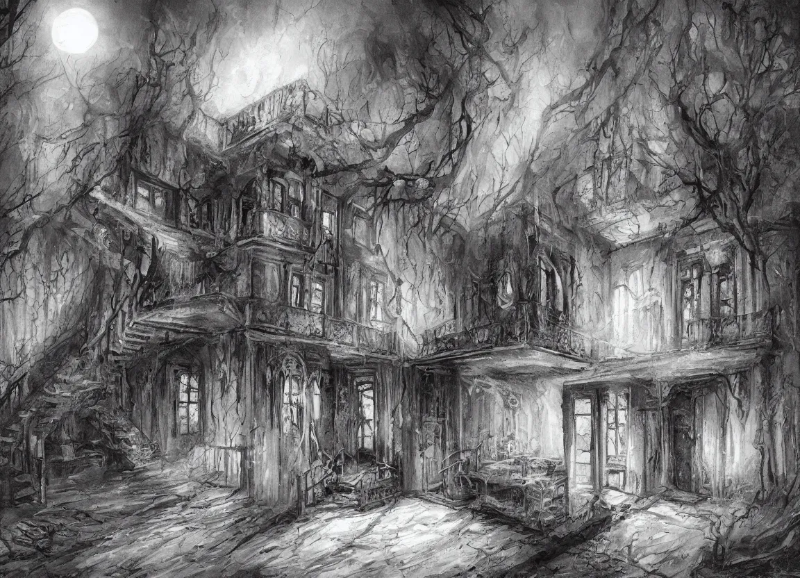 Prompt: a poltergeist inside a creepy house, fantasy art