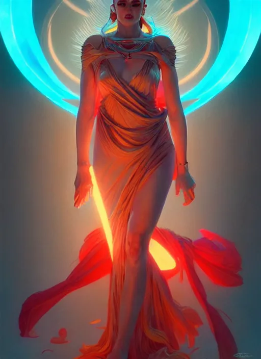 Image similar to the goddess hera looking angry, paper dress, volumetric lights, red and cyan theme, futuristic, intricate, highly detailed, digital painting, artstation, concept art, smooth, sharp focus, symmetric face, illustration, art by artgerm and greg rutkowski and alphonse mucha