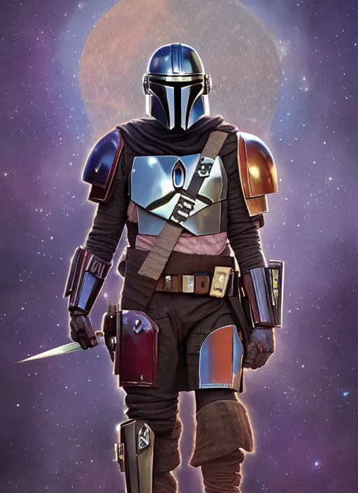 Prompt: the mandalorian surrounded by starlight, moon behind him, the body decorated with yantra and lacquer gilded, fantasy, intricate, elegant, hyper detailed, ultra definition, photoreal, artstation, unreal engine rendered, concept art, smooth, sharp focus, illustration, art by artgerm and greg rutkowski and alphonse mucha and garis edelweiss