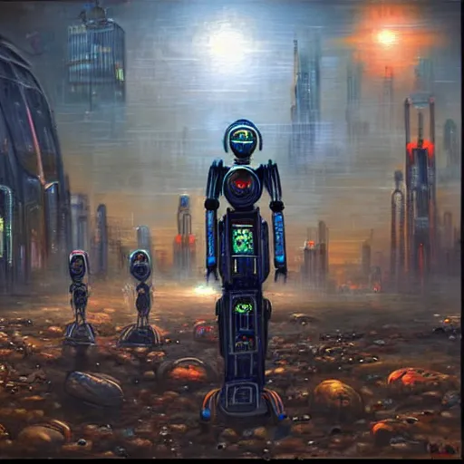 Image similar to beautiful detailed religious oil painting of robots with halos in a cyberpunk wasteland