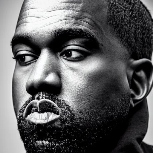 Image similar to the face of kanye west wearing yeezy clothing at 3 6 years old, portrait by julia cameron, chiaroscuro lighting, shallow depth of field, 8 0 mm, f 1. 8