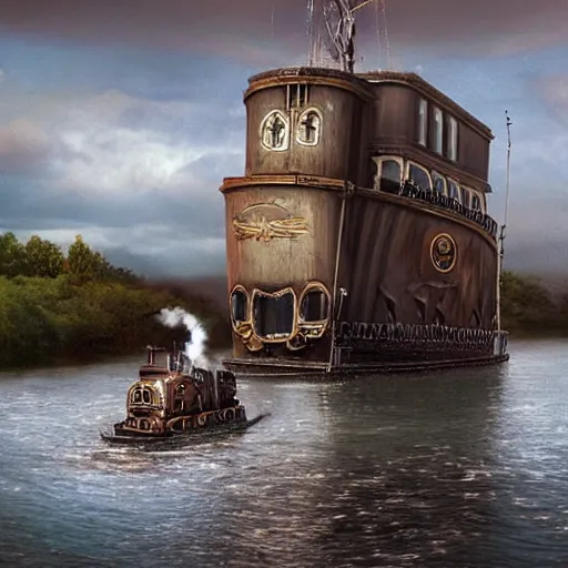 Prompt: a steampunk boat chugging down a river