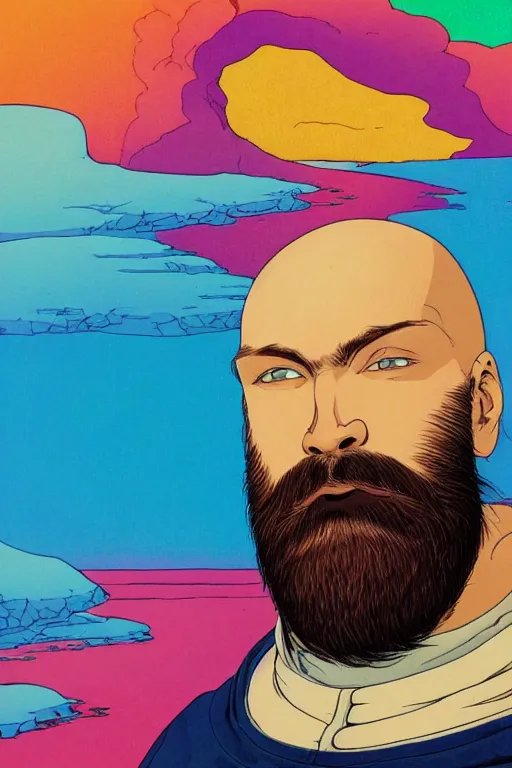 Prompt: a colorful closeup portrait of a young bald man with a huge beard and dreaming psychedelic hallucinations in the vast icy landscape of antarctica, by kawase hasui, moebius and edward hopper, colorful flat surreal design, hd, 8 k, artstation