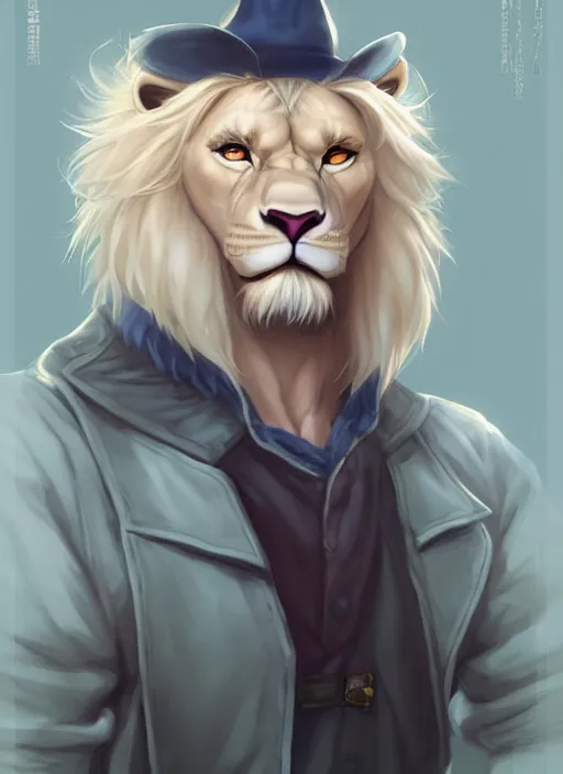 Prompt: aesthetic portrait commission of a of a male fully furry muscular anthro albino lion wearing attractive builders outfit with builders hat. Character design by charlie bowater, ross tran, artgerm, and makoto shinkai, detailed, inked, western comic book art, award winning film poster painting