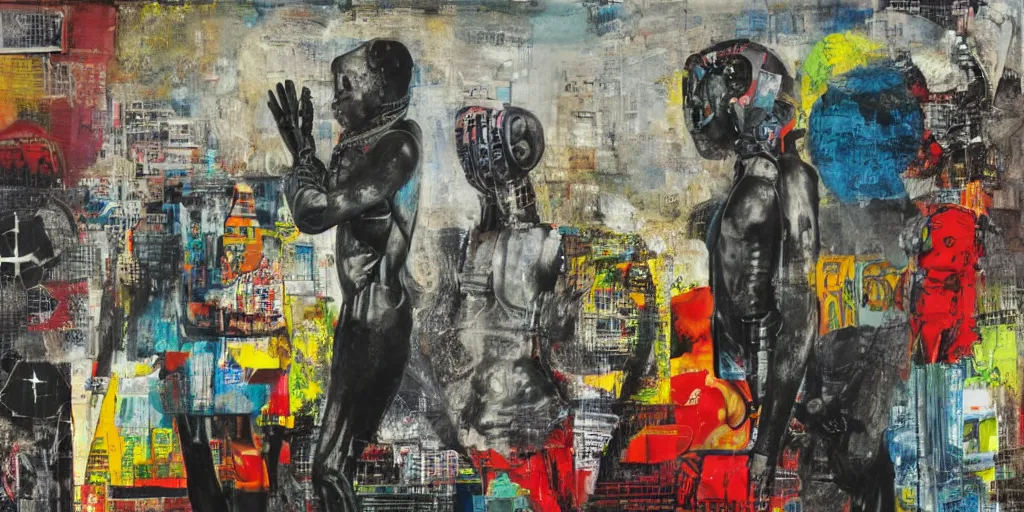 Image similar to robot in Ajegunle slum of Lagos conversing with African Jesus Christ about beauty under a large UFO beaming a neon ray, painting by Robert Rauschenberg, in the style of Estate (1963), oil and silk screen on canvas,