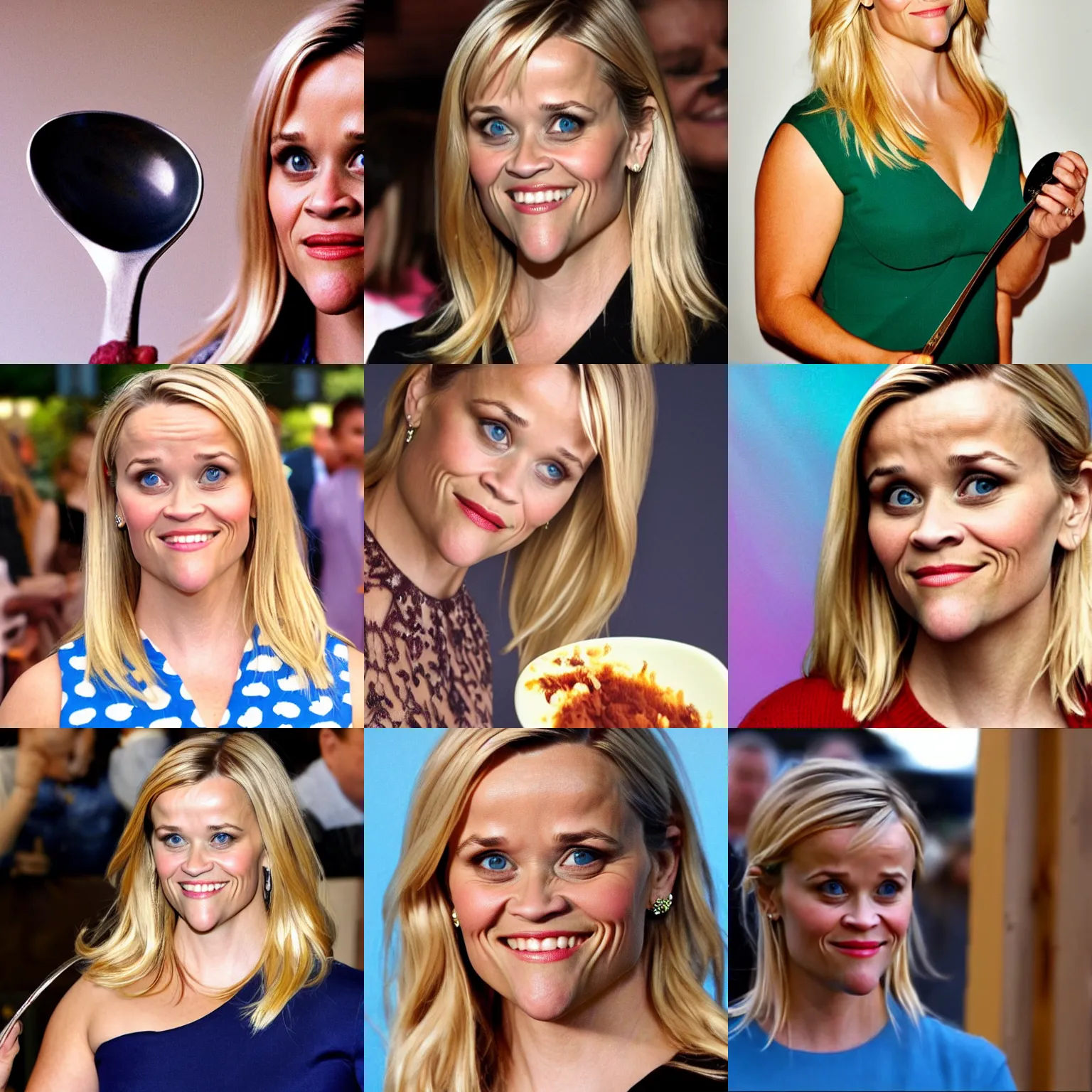 Prompt: reese witherspoon holding a spoon, reese witherspoon face, hyper realistic, medium shot