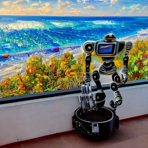 Image similar to an high resolution photo of a robot paiting a picture on a terrace over the see, hyper detailed, phoyography, realistic, art, 8 k, unreal engine, cinematic, shallow focus, f 2. 8 3 5 mm, kodak film, 3 5 mm film