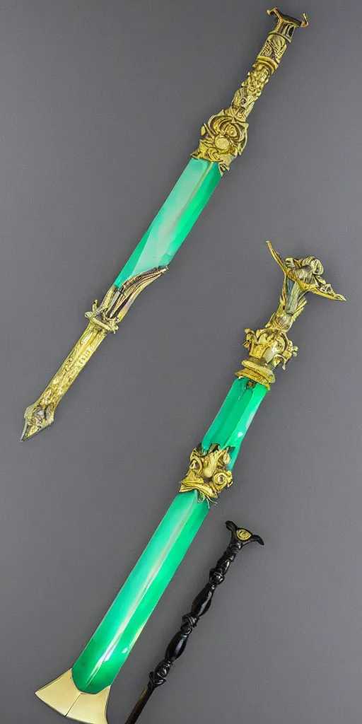 Image similar to photograph of a large green and teal crystal sword with a gold sword hilt