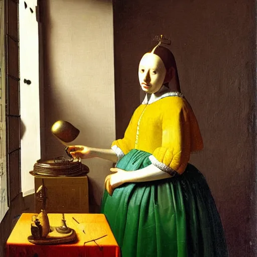 Image similar to painting of a female android royalty by Vermeer, Dutch Golden Age