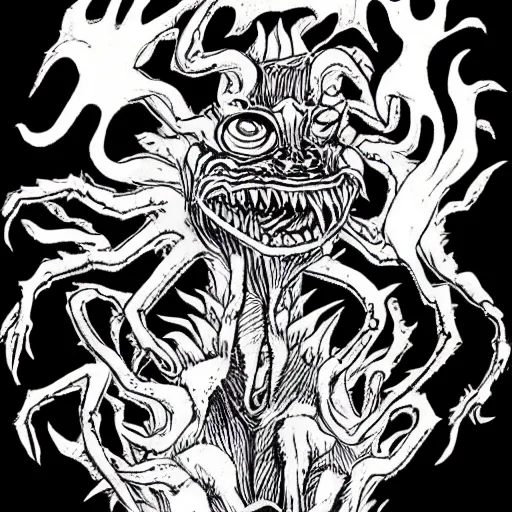 Image similar to spider dog monster with four heads breathing fire and crushing buildings, in the style of Junji Ito heavy ink