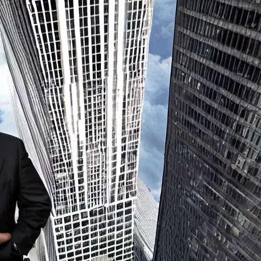 Image similar to Jon Favreau as clean-shaven Happy Hogan wearing a black suit and black necktie and black dress shoes is climbing a tall building in an urban city. The sky is filled with dark clouds and the mood is ominous.