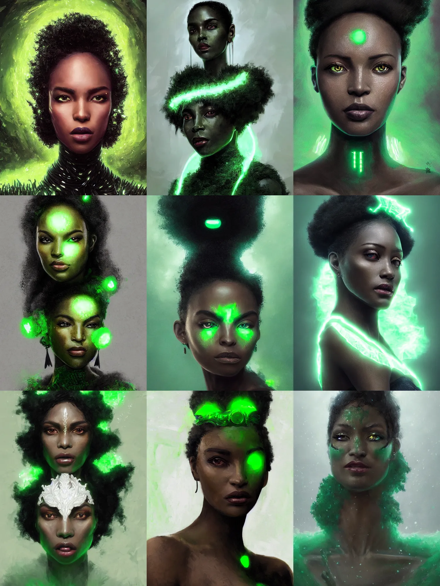Prompt: a fancy portrait of a beautiful black woman with glowing green eyes wearing a white cloack, by Greg Rutkowski, Sung Choi, Mitchell Mohrhauser, Maciej Kuciara, Johnson Ting, Maxim Verehin, Peter Konig, Bloodborne, beeple, 8k photorealistic, cinematic lighting, HD, high details, atmospheric , trending on artstation. made in Maya, Blender and Photoshop, octane render, excellent composition, cinematic dystopian brutalist atmosphere, dynamic dramatic cinematic lighting, aesthetic, very inspirational, arthouse. y Greg Rutkowski, Ilya Kuvshinov, WLOP, Stanley Artgerm Lau, Ruan Jia and Fenghua Zhong