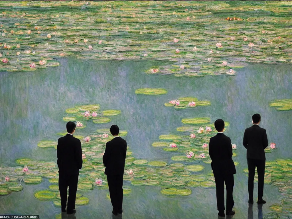 Prompt: ‘The Center of the World’ (office workers at a museum, standing in front of Monet's Water Lilies French impressionist oil painting) was filmed in Beijing in April 2013 depicting a white collar office worker. A man in his early thirties – the first single-child-generation in China. Representing a new image of an idealized urban successful booming China.