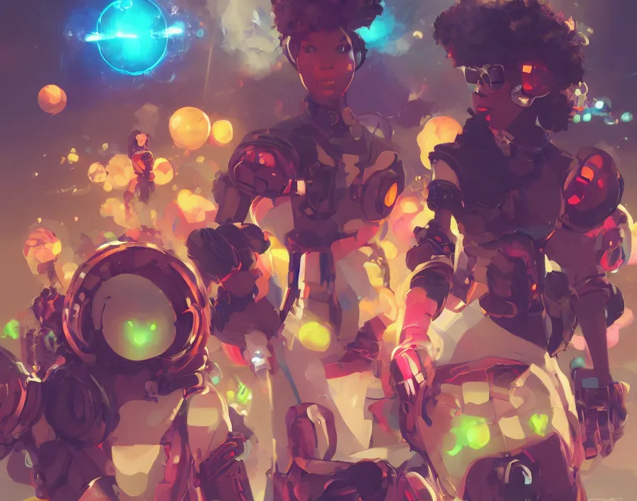 Prompt: afro - futuristic gamers, game consoles and joysticks, hacking the multiverse of gaming | hyperrealistic oil painting | by makoto shinkai, ilya kuvshinov, lois van baarle, rossdraws | afrofuturism, in the style of pascal blanche, trending on artstation | dark color scheme