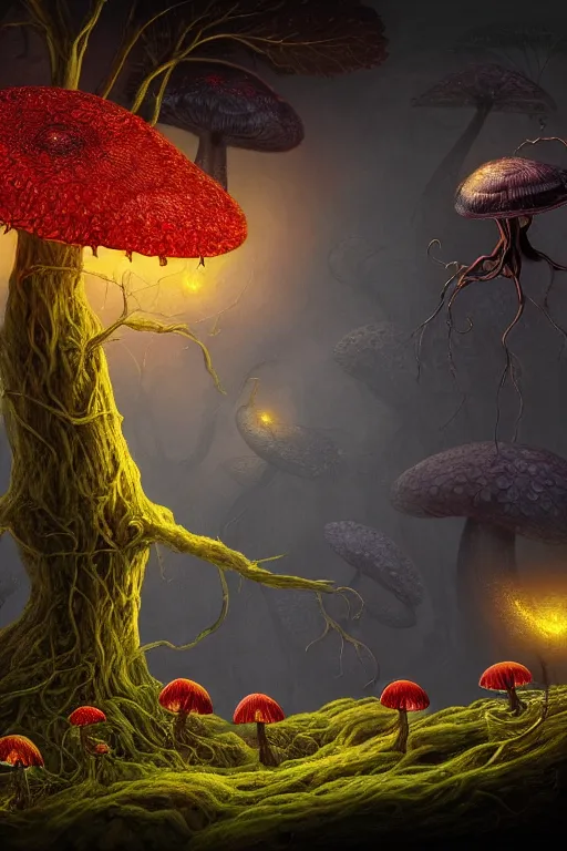 Image similar to a beautiful digital illustration painting of a detailed gothic fantasy fireflies and roots, dark mushroom, flowers by benoit b. mandelbrot, steven belledin, martin johnson heade, lee madgwick, caspar david friedrich, and david rios ferreira. 8 k resolution trending on artstation concept art digital illustration