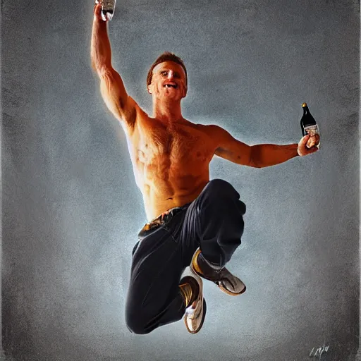 Prompt: an epic portrait of a man jumping in the while holding a bottle, highly detailed, high quality, digital art, five fingers, anatomically correct, dramatic lighting, studio quality