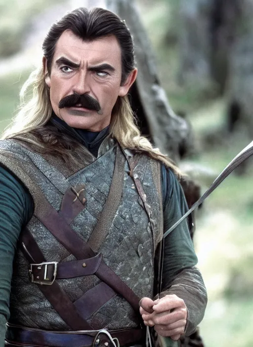 Image similar to film still of tom selleck as legolas in lord of the rings, 4 k