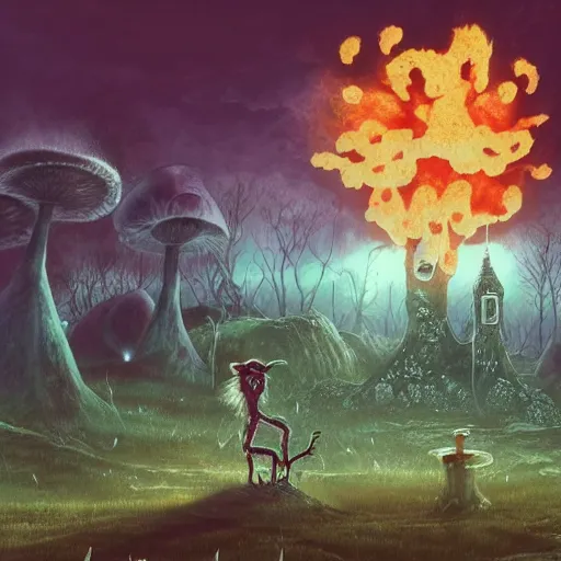 Image similar to 4 k headshot portrait of a psychedelic demonic anthropomorphic wendigo smoking a hand - rolled cigarette smoking heavily, magic mushroom village in background. award winning. superb resolution. in the art style of junji ito and greg rutkowski. detailed mushroom city in background. hyper realistic anime. perfect art. dalle 2