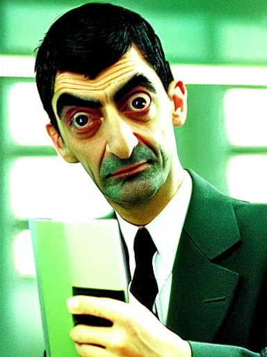 Prompt: Film still portrait of Mister Bean in Matrix (1999) playing Neo