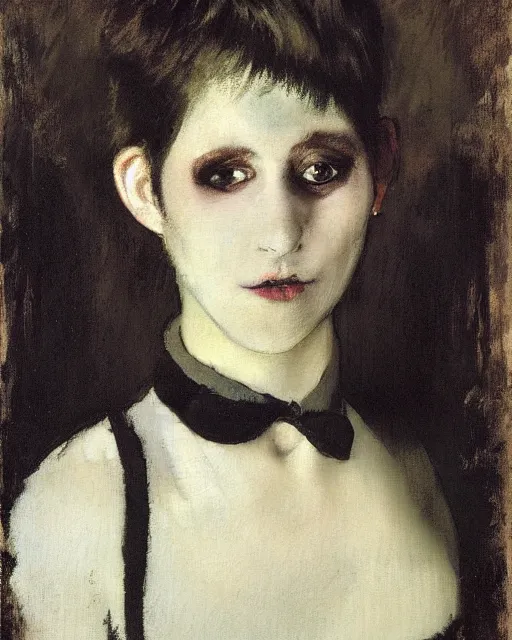 Image similar to A goth portrait painted by Edgar Degas. Her hair is dark brown and cut into a short, messy pixie cut. She has a slightly rounded face, with a pointed chin, large entirely-black eyes, and a small nose. She is wearing a black tank top, a black leather jacket, a black knee-length skirt, a black choker, and black leather boots.