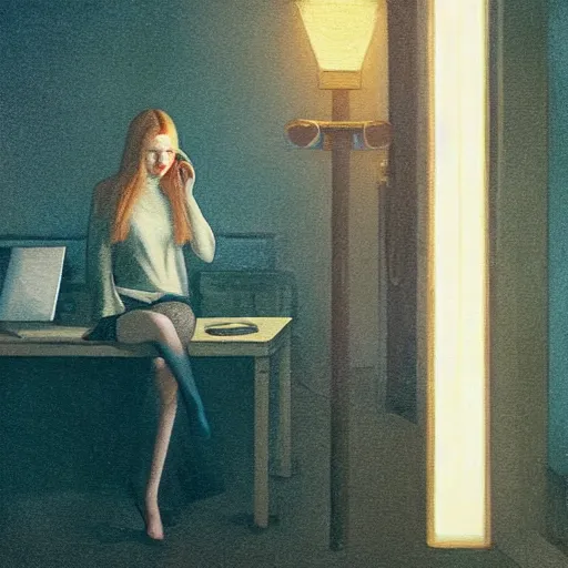 Prompt: Elle Fanning hacking a computer at night in the world of Edward Hopper, stormy snowy weather, streetlights, extremely detailed masterpiece, oil on canvas, low-key neon lighting, artstation, Blade Runner 2049, Roger Deakin’s cinematography, by J. C. Leyendecker and Peter Paul Rubens,