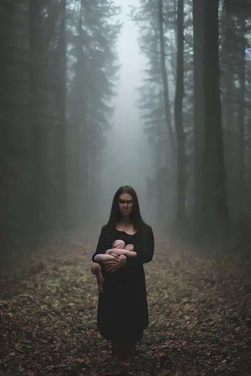 Image similar to a cinematic photo of a young woman with dark hair holds a baby in a dark, foggy forest, closeup, masterpiece