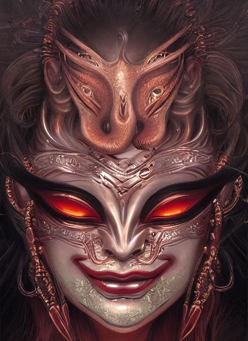 Image similar to a beautiful detailed oil on copper art illustration of a japanese namanari mask devil woman, the mask is broken, centered, by charlie bowater, zeng fanzh, trending on artstation, dim dusk lighting, cinematic lighting, detailed lighting, volumetric lighting, realistic, f 8, 4 k hd wallpaper