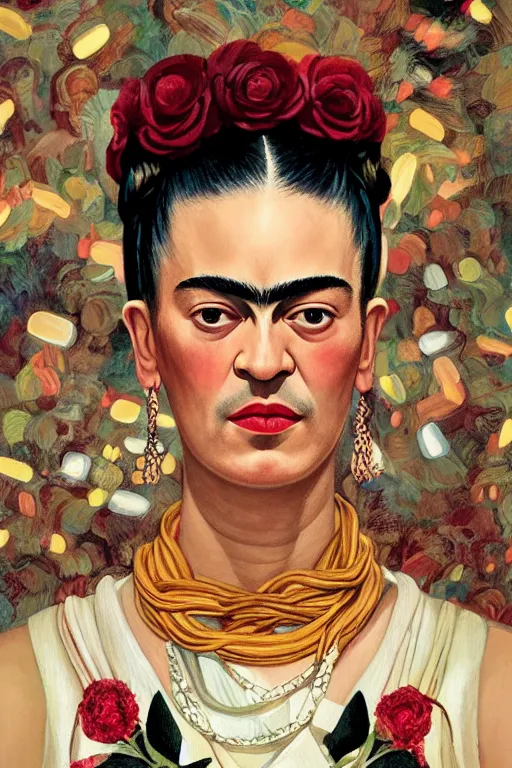 Image similar to portrait of frida kahlo wearing high fashion, staring directly into camera, intricate, elegant, glowing lights, highly detailed, digital painting, artstation, sharp focus, illustration, art by wlop, mars ravelo and greg rutkowski