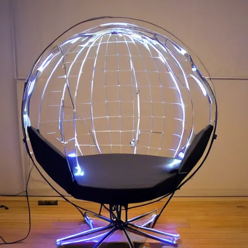 Prompt: futuristic sci - fi professional lighting. hobby diy engineering photo. tensegrity captain's chair integrated into a giant button laden cylindrical station inspired by the shape of a hooded chrome egg avocado bean armature.