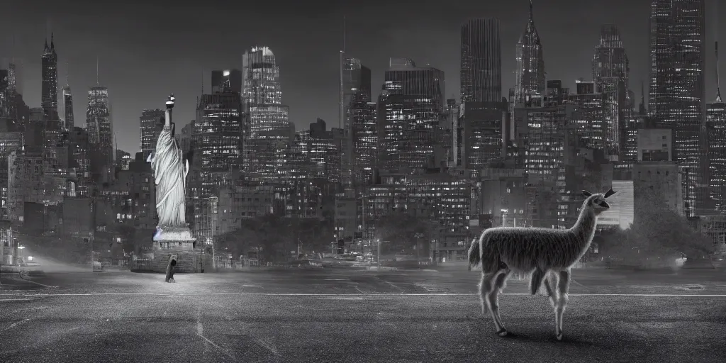 Image similar to a llama walking through a desolate manhattan city street at night, statue of liberty seen in the background, realistic 4 k octane beautifully detailed render, 4 k post - processing, highly detailed, detailed face, intricate complexity, epic composition, magical atmosphere, cinematic lighting, masterpiece, color picture, ultra hd