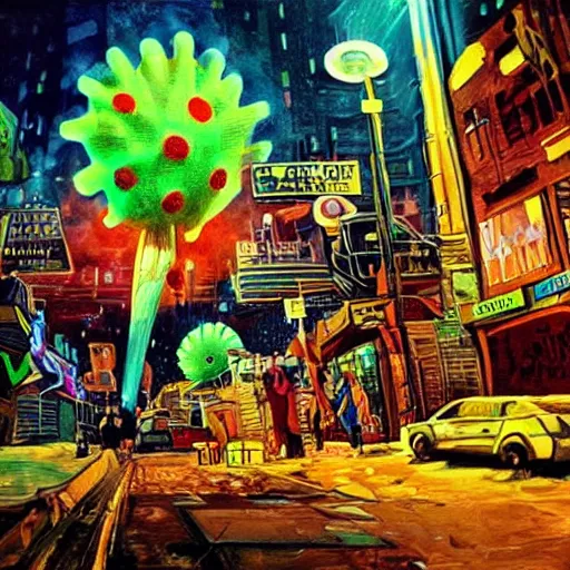 Prompt: A dirty street in the Bronx, by night, with giant neonpunk urchin everywhere, colorful composition, ultra detailed, dang yo