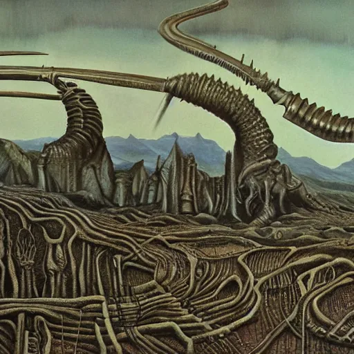 Prompt: painting of a landscape by h. r. giger | horror themed | creepy