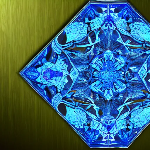 Image similar to a blue cystal in the wood table in digital in art intricate, fantasy