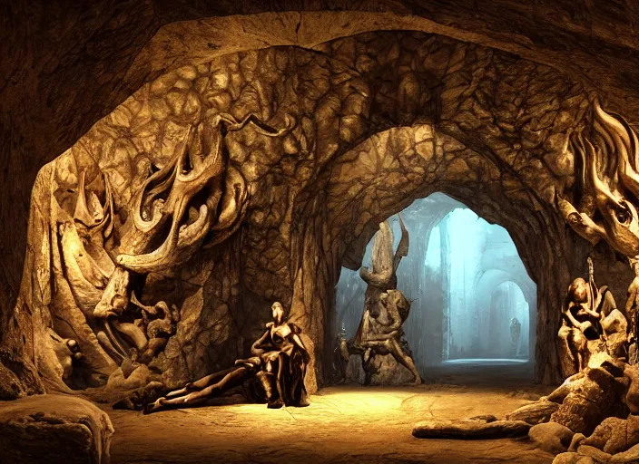 Image similar to underground cavern. carved archway imposing stone ( 8'tall ). decorative carvings ( people writhing in agony, some with dissolving flesh, others skeletal ). edgar maxence and caravaggio and michael whelan and delacroix style, artistic, intricate painting, cinematic lighting, hyper realistic, extremely detailed, vivid colors, establishing shot, dramatic lighting.