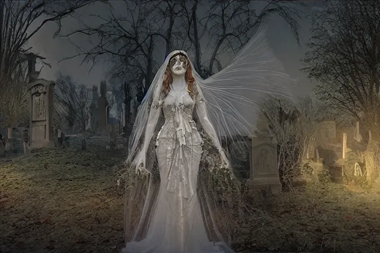 Prompt: an ultra detailed animation of a transparent ghost bride in a graveyard at midnight on halloween, digital art, dark fantasy, concept art, soulslike, by alphonse mucha, blood moon eclipse, ruined building in the background, artstation, 8 k, unreal engine render