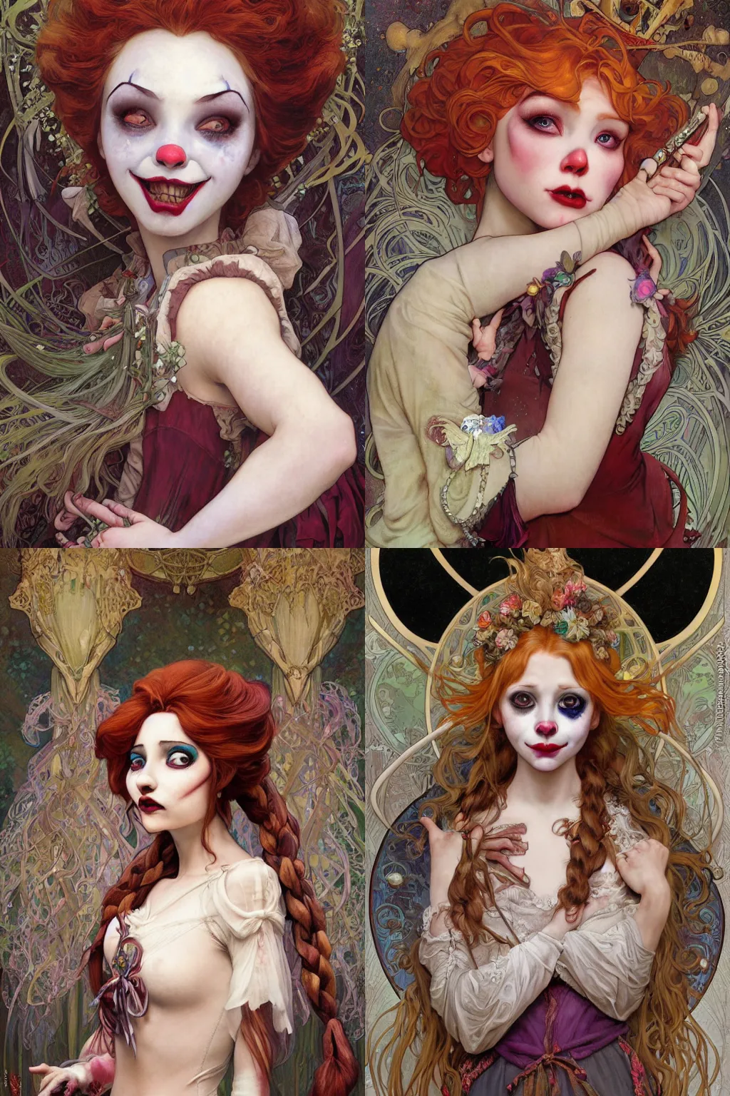 Prompt: realistic detailed painting of creepy clown girl, as anna from frozen by alphonse mucha, ayami kojima, amano, charlie bowater, karol bak, greg hildebrandt, jean delville, and mark brooks, art nouveau, neo - gothic, gothic, rich deep colors