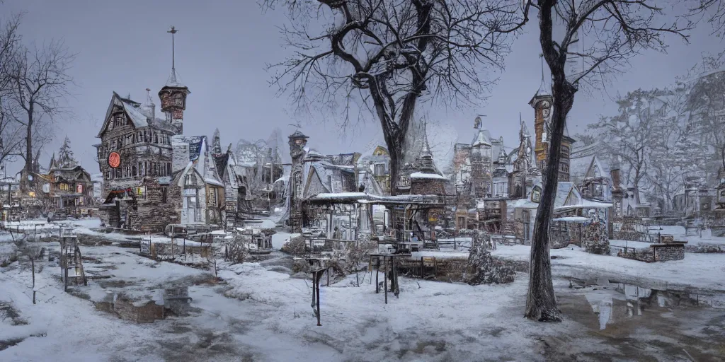 Prompt: Distorted Fantasy town covered in clear translucent snow