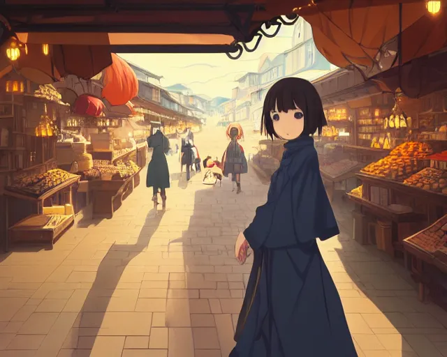 Prompt: anime visual, portrait of a young female traveler in an open medieval market shopping, cute face by yoh yoshinari, katsura masakazu, cool studio lighting, dynamic pose, dynamic perspective, strong silhouette, anime cels, ilya kuvshinov, cel shaded, crisp and sharp, rounded eyes, moody